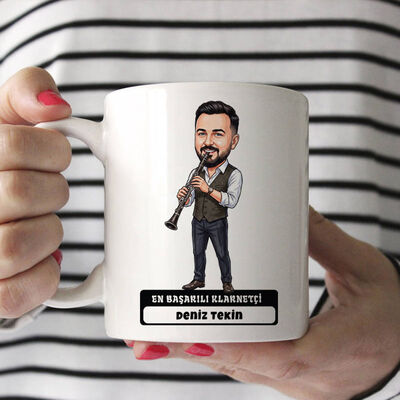 Klarnetçi Müzisyen Erkek Karikatürlü Kupa Bardak - 1