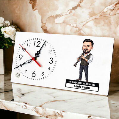 Klarnetçi Müzisyen Erkek Karikatürlü Masa Saati - 1