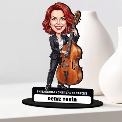 Kontrbas Sanatçısı Müzisyen Kadın Karikatürlü Biblo - 1