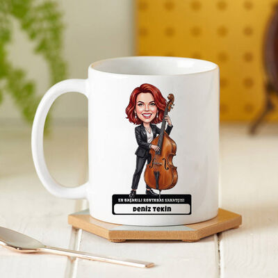 Kontrbas Sanatçısı Müzisyen Kadın Karikatürlü Kupa Bardak - 1