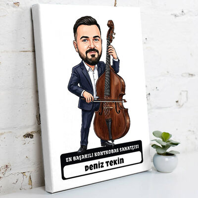 Kontrobas Sanatçısı Müzisyen Erkek Karikatürlü Kanvas Tablo - 1