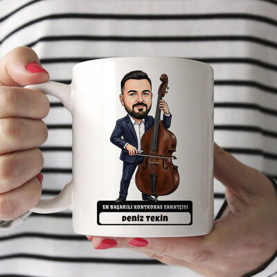 Kontrobas Sanatçısı Müzisyen Erkek Karikatürlü Kupa Bardak - 1