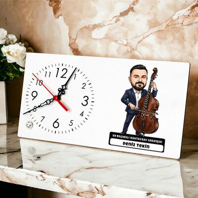 Kontrobas Sanatçısı Müzisyen Erkek Karikatürlü Masa Saati - 1