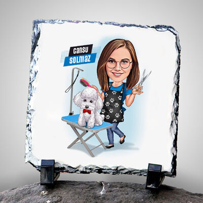 Köpek Kuaförü Kadın Karikatürlü Taş Blok - 1