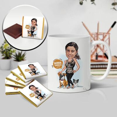 Köpekleri Seven Kadın Karikatürlü Kupa ve Çikolata - 1