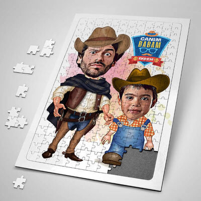 Kovboy Baba ve Oğlu Karikatürlü Puzzle - 1