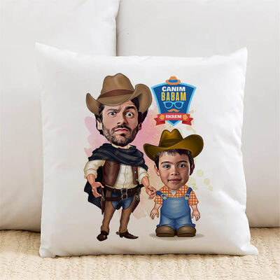 Kovboy Baba ve Oğlu Karikatürlü Yastık - 1