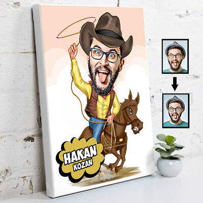Kovboy Karikatür Tasarımlı Kanvas Tablo - 1