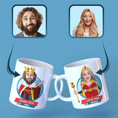 Kral ve Kraliçe Karikatürlü İkili Kupa Bardak - 1