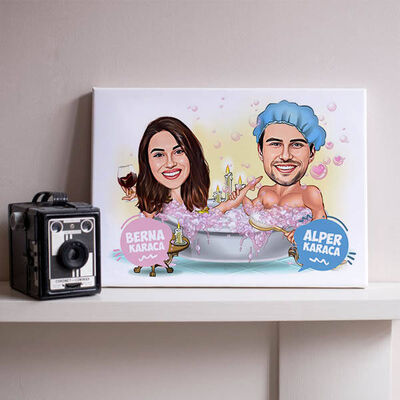 Küvetteki Çiftler Karikatürlü Kanvas Tablo - 1