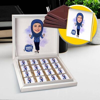 Lacivert Başörtülü Kadın Karikatürlü Çikolata Kutusu - 1