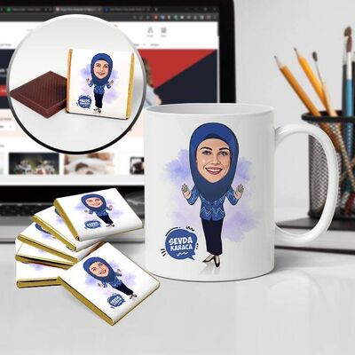Lacivert Başörtülü Kadın Karikatürlü Kupa ve Çikolata - 1