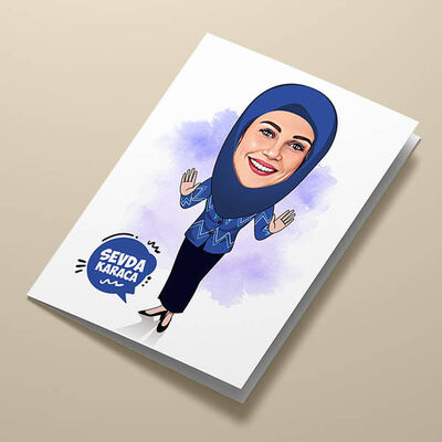 Lacivert Başörtülü Kadın Karikatürlü Tebrik Kartı - 1