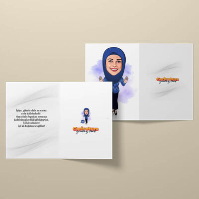 Lacivert Başörtülü Kadın Karikatürlü Tebrik Kartı - 2