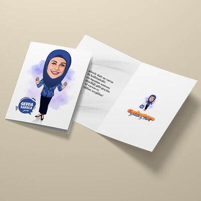 Lacivert Başörtülü Kadın Karikatürlü Tebrik Kartı - 3