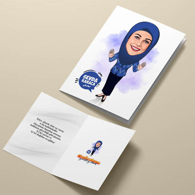 Lacivert Başörtülü Kadın Karikatürlü Tebrik Kartı - 4