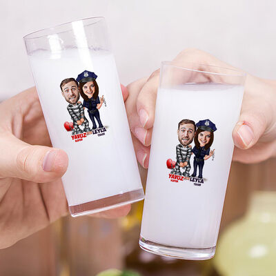 Mahkum ve Polis Karikatürlü İkili Rakı Bardağı Seti - 2