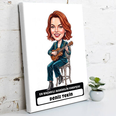 Mandolin Sanatçısı Müzisyen Kadın Karikatürlü Kanvas Tablo - 1