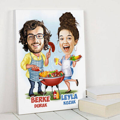 Mangalcı Sevgililer Karikatürlü Kanvas Tablo - 1