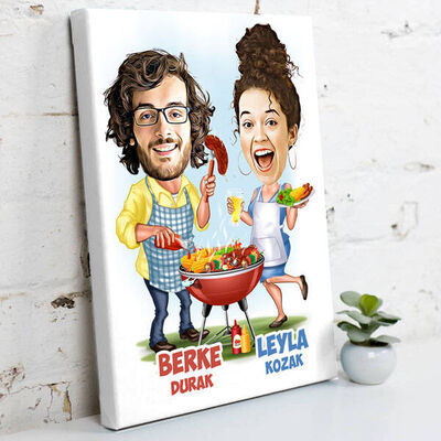 Mangalcı Sevgililer Karikatürlü Kanvas Tablo - 2