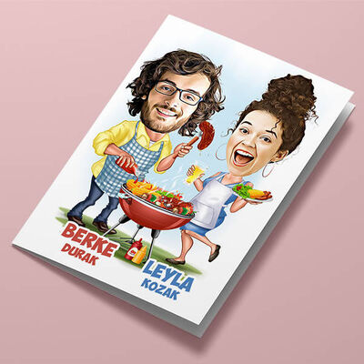 Mangalcı Sevgililer Karikatürlü Tebrik Kartı - 1