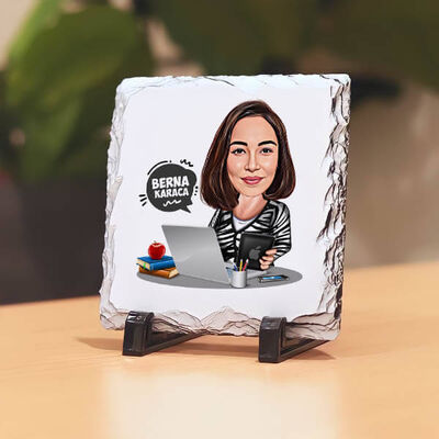 Masa Başı İş Yapan Kadın Karikatürlü Taş Baskı - 1