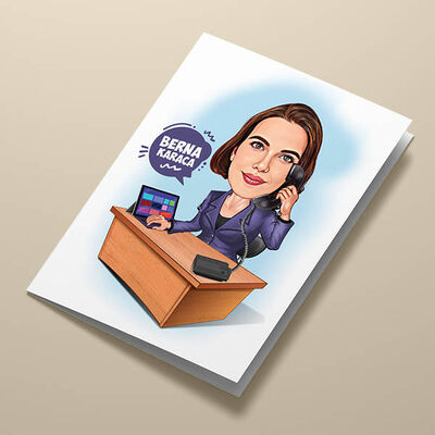 Masa Başındaki Kadın Karikatürlü Tebrik Kartı - 1