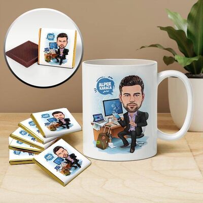 Masabaşı İş Yapan Erkek Karikatürlü Kupa ve Çikolata - 1
