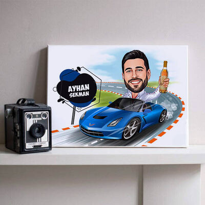 Mavi Spor Araba ve Ben Karikatürlü Kanvas - 1