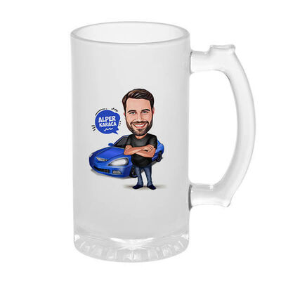 Mavi Spor Araba ve Yakışıklı Erkek Karikatürlü Bira Bardağı - 1