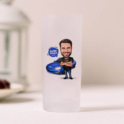 Mavi Spor Araba ve Yakışıklı Erkek Karikatürlü Rakı Bardağı - 1