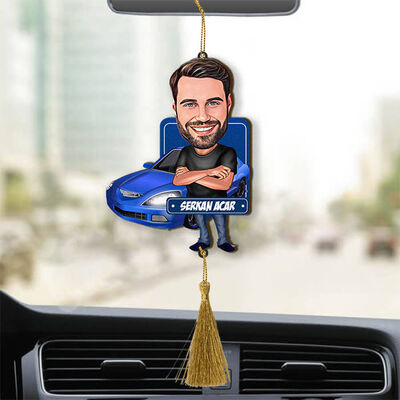 Mavi Spor Araba ve Yakışıklı Karikatürlü Araba Süsü - 1