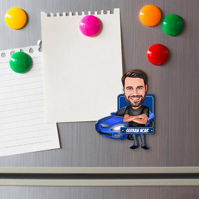 Mavi Spor Arabalı Erkek Karikatürlü Buzdolabı Magneti - 1