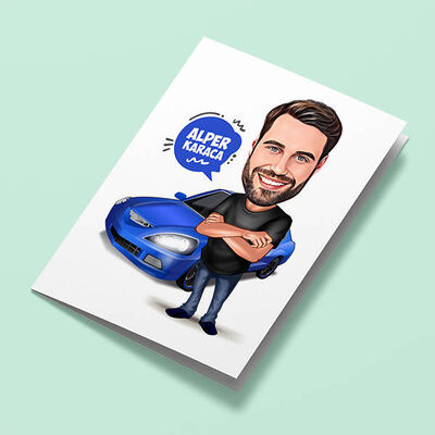 Mavi Spor Arabalı Erkek Karikatürlü Tebrik Kartı - 1