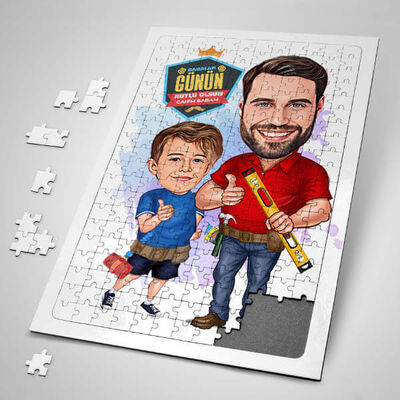 Mimar Baba ve Oğlu Karikatürlü Puzzle - 1