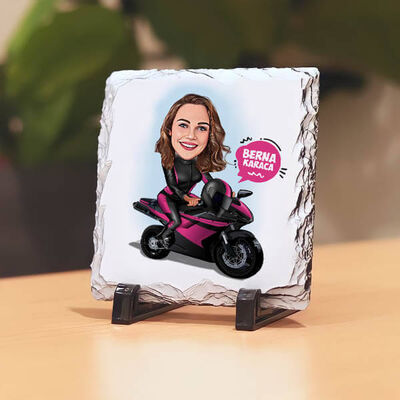 Motora Binen Kadın Karikatürlü Taş Baskı - 1