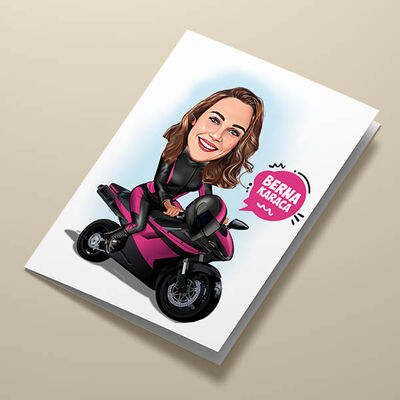 Motora Binen Kadın Karikatürlü Tebrik Kartı - 2
