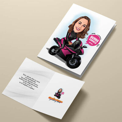Motora Binen Kadın Karikatürlü Tebrik Kartı - 4