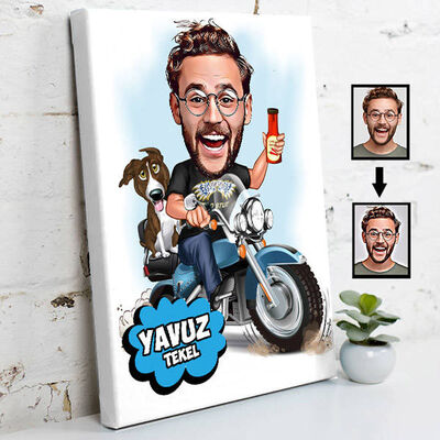 Motorcu Karikatürlü Kanvas Tablo - 1