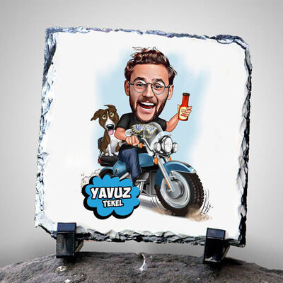 Motorcu Karikatürlü Taş Baskı - 1