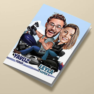 Motorda Mutlu Aşıklar Karikatürlü Tebrik Kartı - 1