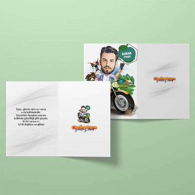 Motosikletle Gezen Erkek Karikatürlü Tebrik Kartı - 2