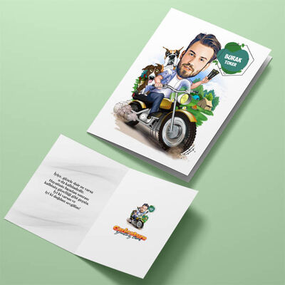 Motosikletle Gezen Erkek Karikatürlü Tebrik Kartı - 4