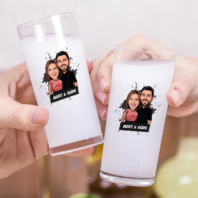 Mutlu Aşıklar Karikatürlü İkili Rakı Bardağı Seti - 2