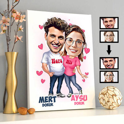 Mutlu Aşıklar Karikatürlü Kanvas Tablo - 1