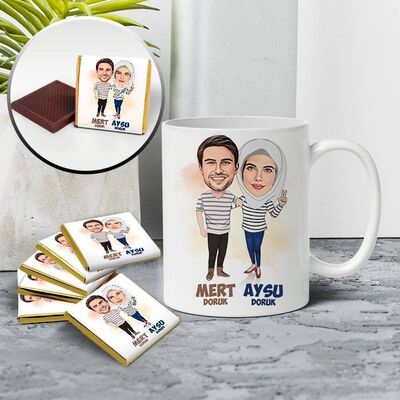 Mutlu Çiftler Karikatürlü Kupa ve Çikolata - 1