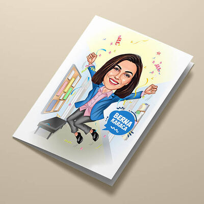 Mutlu Kadın Öğretmen Karikatürlü Tebrik Kartı - 1