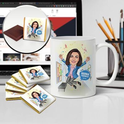 Mutluluktan Havalara Uçuyorum Karikatürlü Kupa ve Çikolata - 1