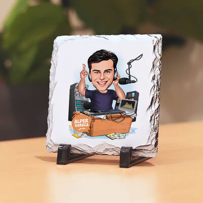 Müzik Tutkunu Erkek Karikatürlü Taş Baskı - 1