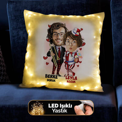 Neşeli Çiftler Karikatürlü Işıklı Yastık - 1